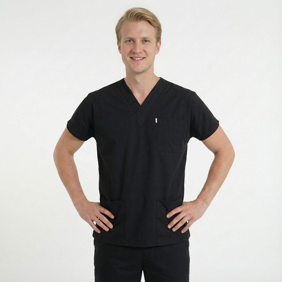 Terycoton Kumaş Klasik Seri Erkek Siyah Scrubs