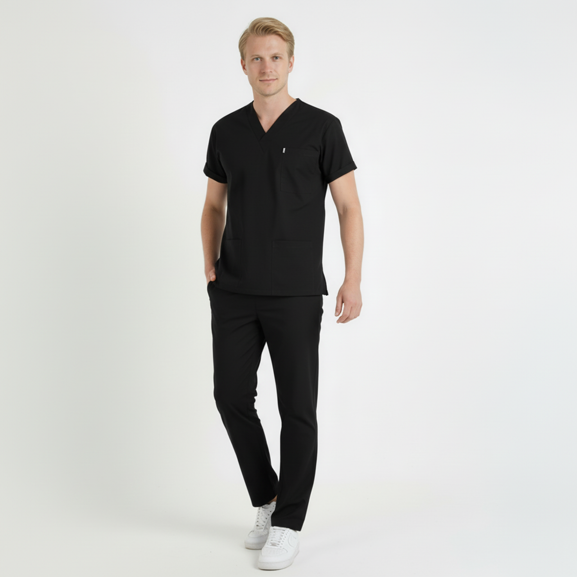 Terycoton Kumaş Klasik Seri Erkek Siyah Scrubs