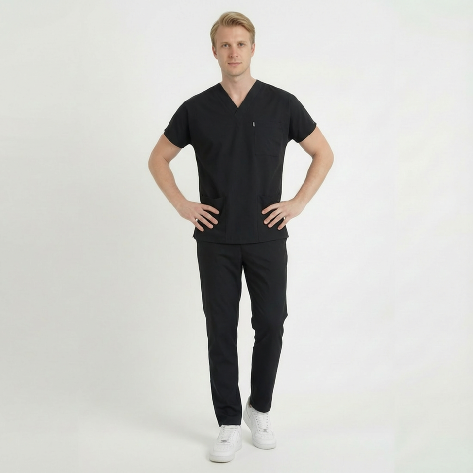 Terycoton Kumaş Klasik Seri Erkek Siyah Scrubs