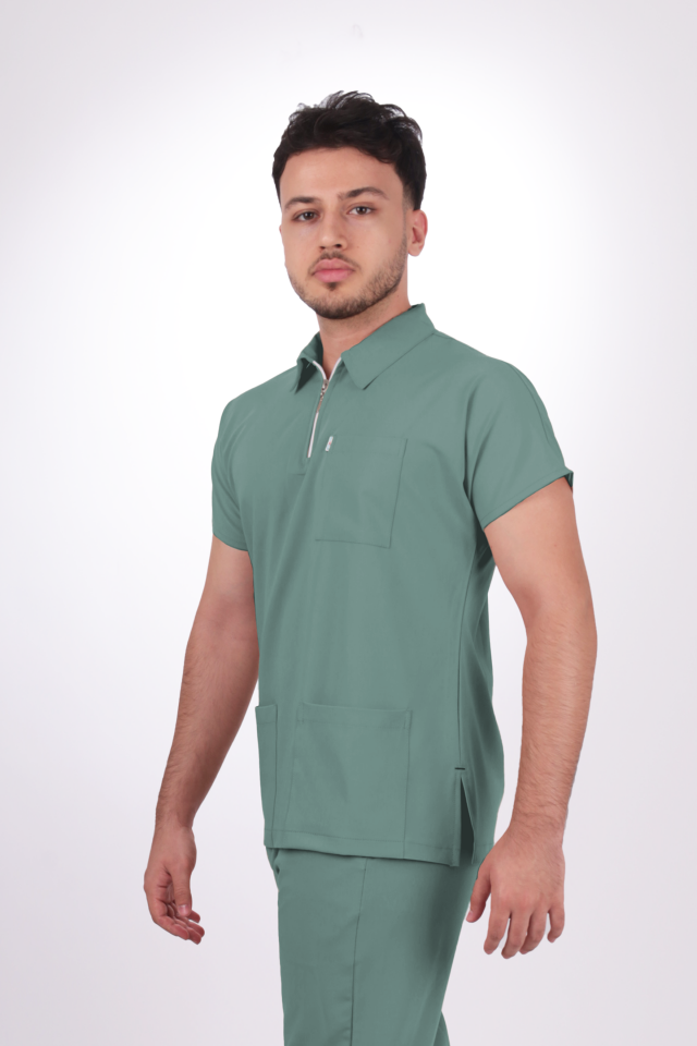 Likralı Zipper Seri Erkek Küf Yeşili Scrubs