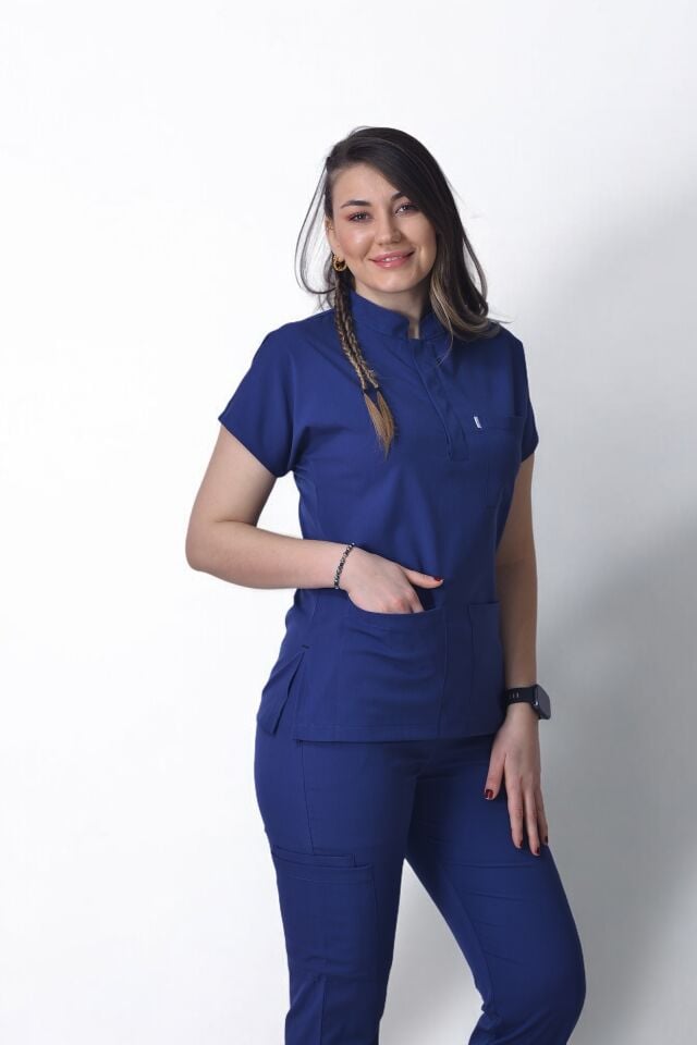Premium Likralı Snap Seri Kadın Havacı Mavi Scrubs
