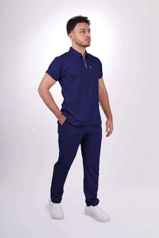 Premium Likralı Zipper Seri Erkek İndigo Lacivert Scrubs