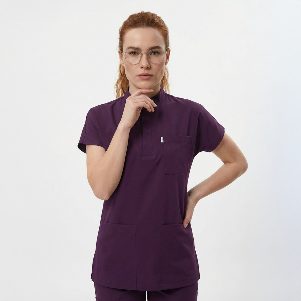 Likralı Snap Seri Kadın Mürdüm Scrubs