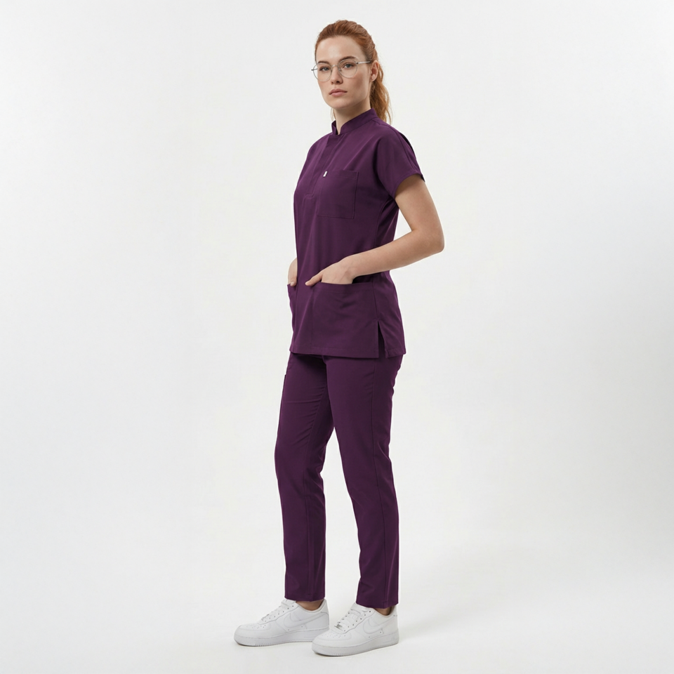 Likralı Snap Seri Kadın Mürdüm Scrubs