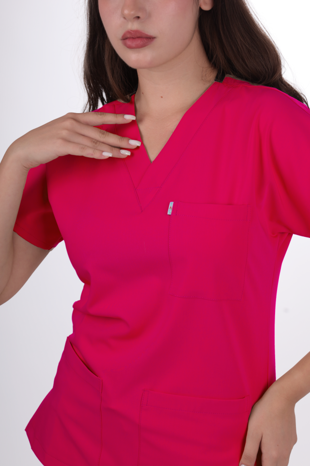 Premium Likralı Klasik Seri Kadın Fuşya Scrubs