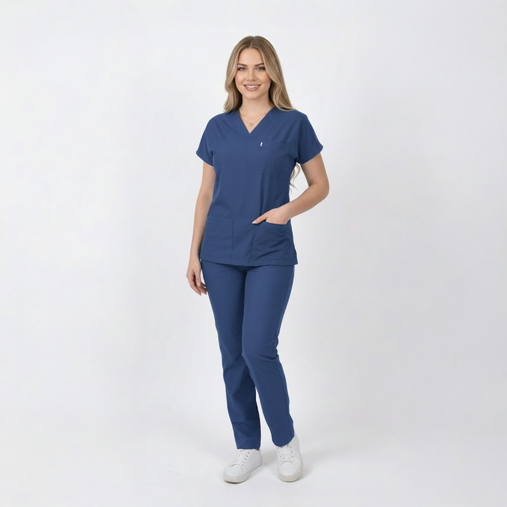 Terycoton Kumaş Klasik Seri Kadın Havacı Mavi Scrubs