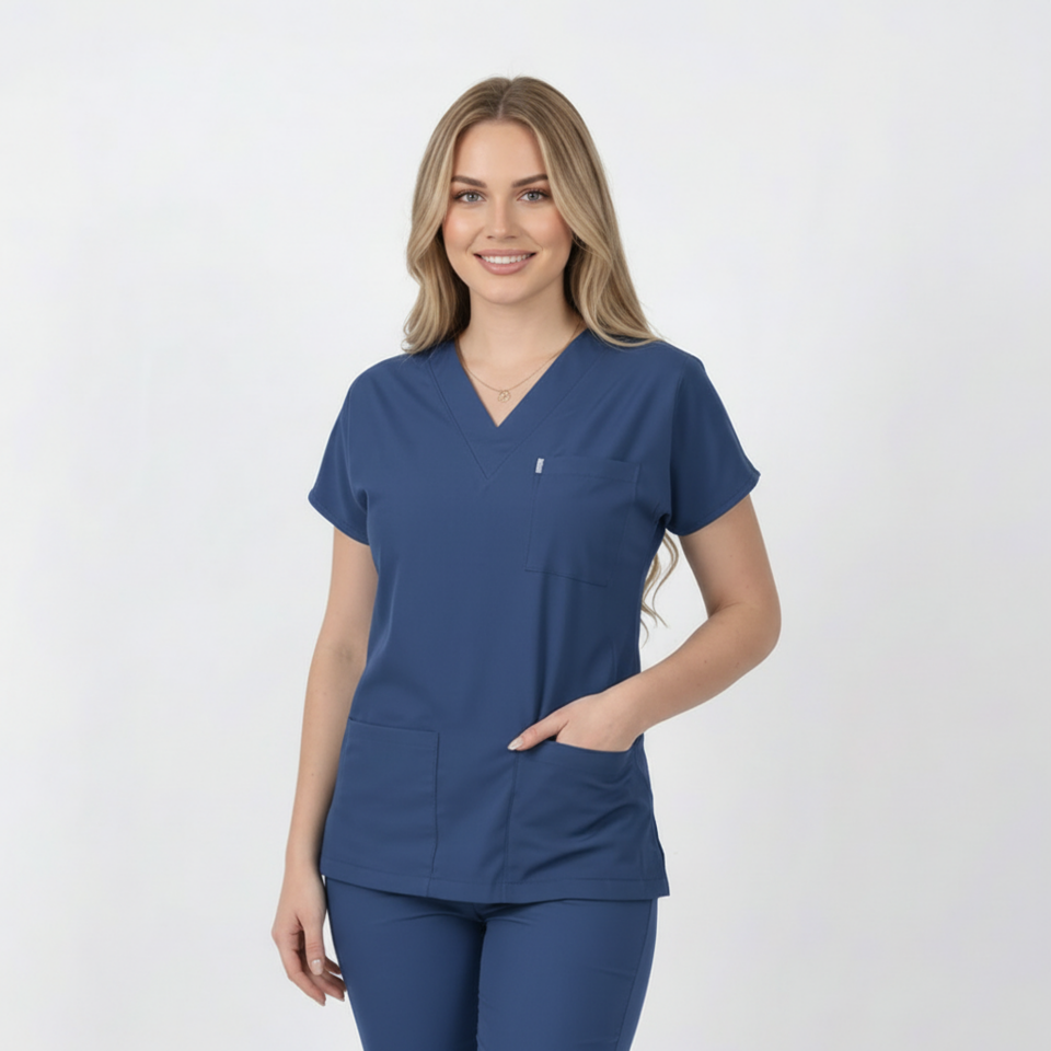 Terycoton Kumaş Klasik Seri Kadın Havacı Mavi Scrubs