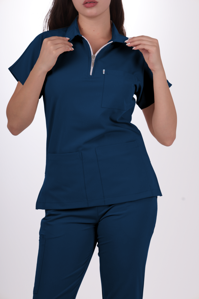Premium Likralı Zipper Seri Kadın Marine Petrol Scrubs