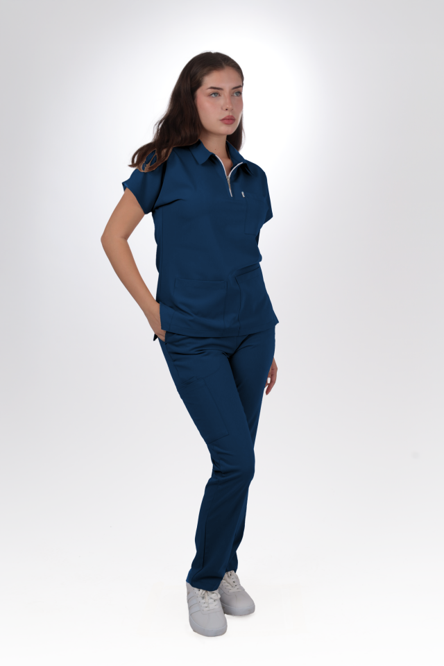 Premium Likralı Zipper Seri Kadın Marine Petrol Scrubs
