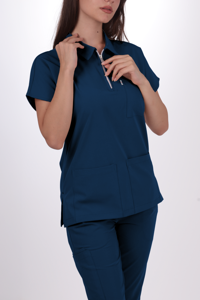 Premium Likralı Zipper Seri Kadın Marine Petrol Scrubs
