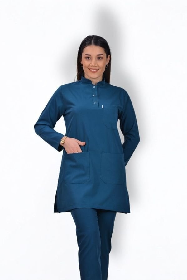 Premium Likralı Tesettür Seri Kadın Marine Petrol Scrubs