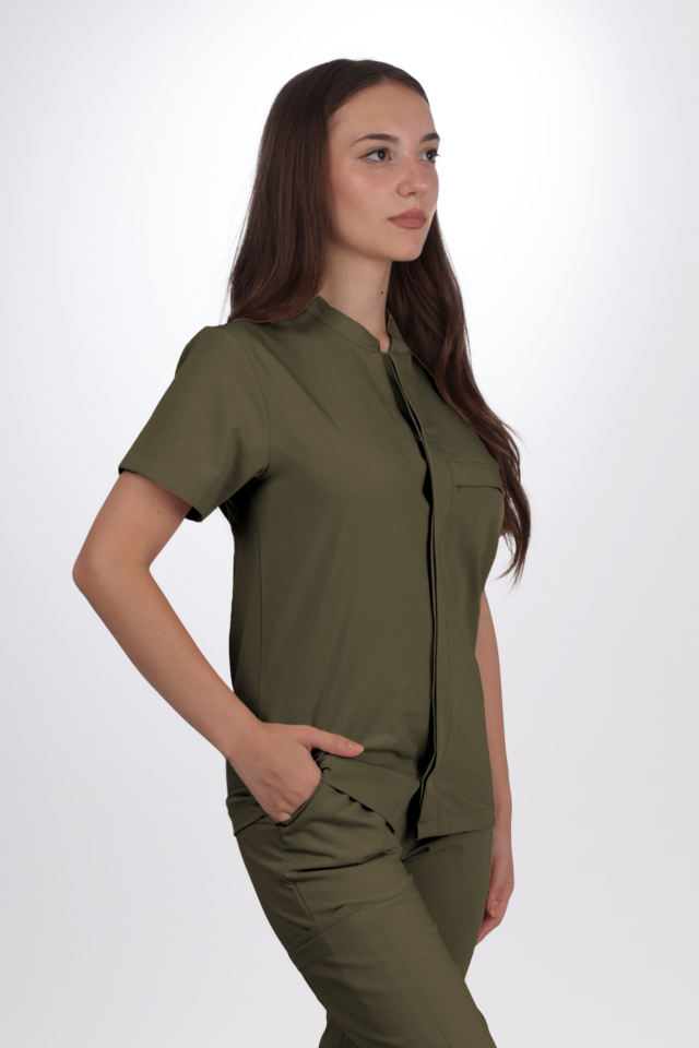 Premium Likralı SnapPrime Seri Kadın Haki Scrubs