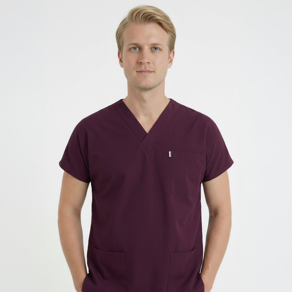 Terycoton Kumaş Klasik Seri Erkek Mürdüm Scrubs