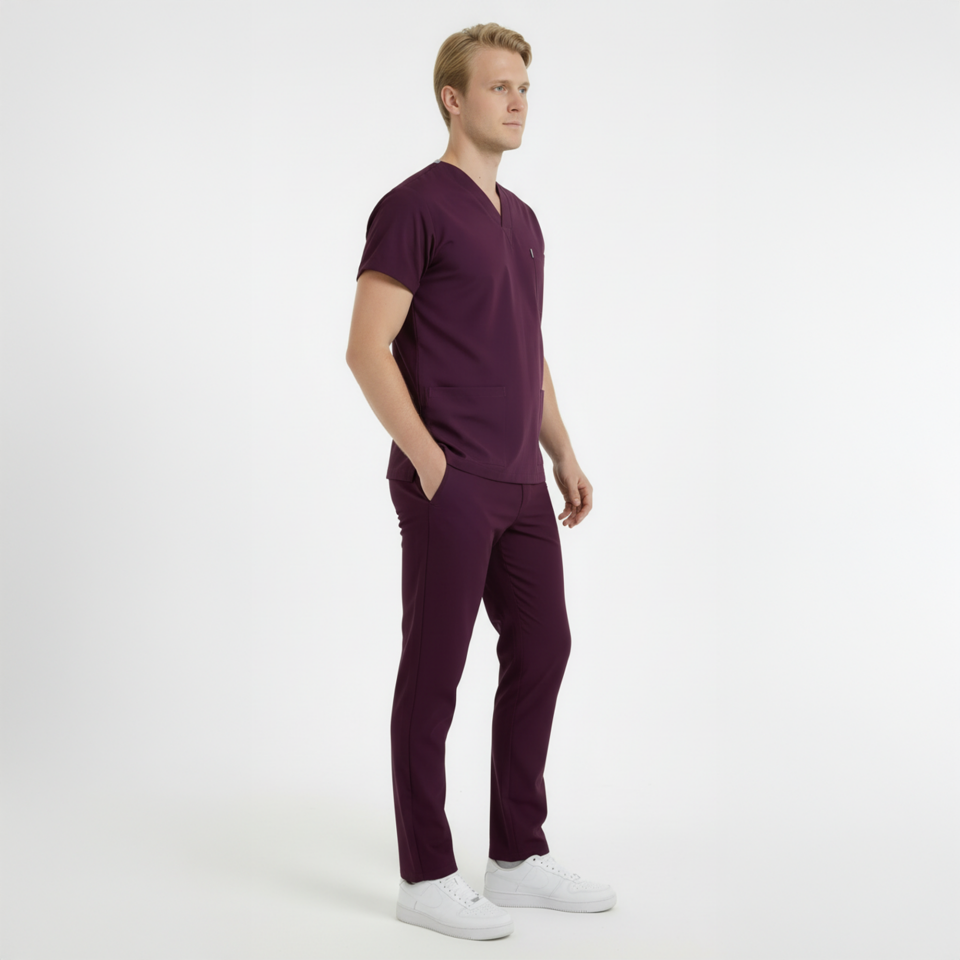 Terycoton Kumaş Klasik Seri Erkek Mürdüm Scrubs