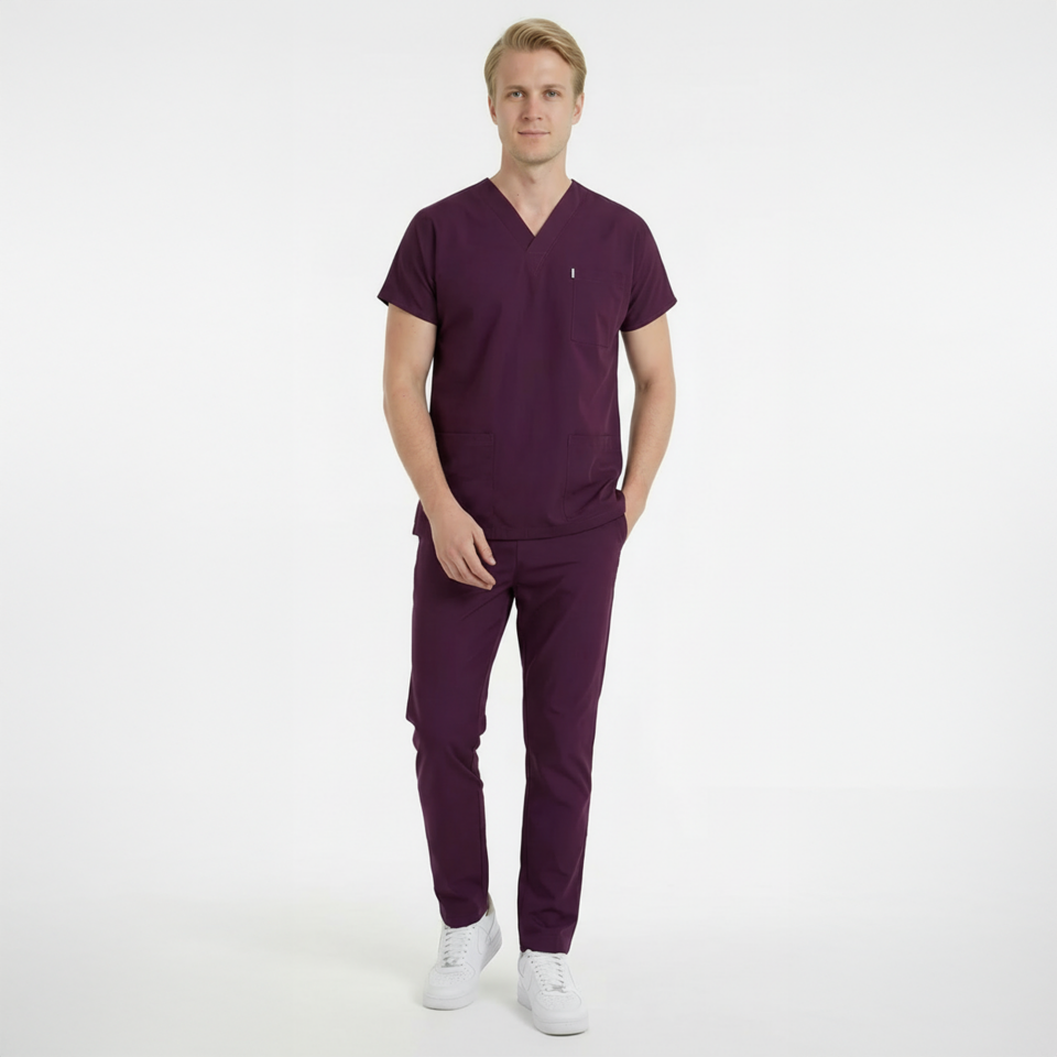 Terycoton Kumaş Klasik Seri Erkek Mürdüm Scrubs