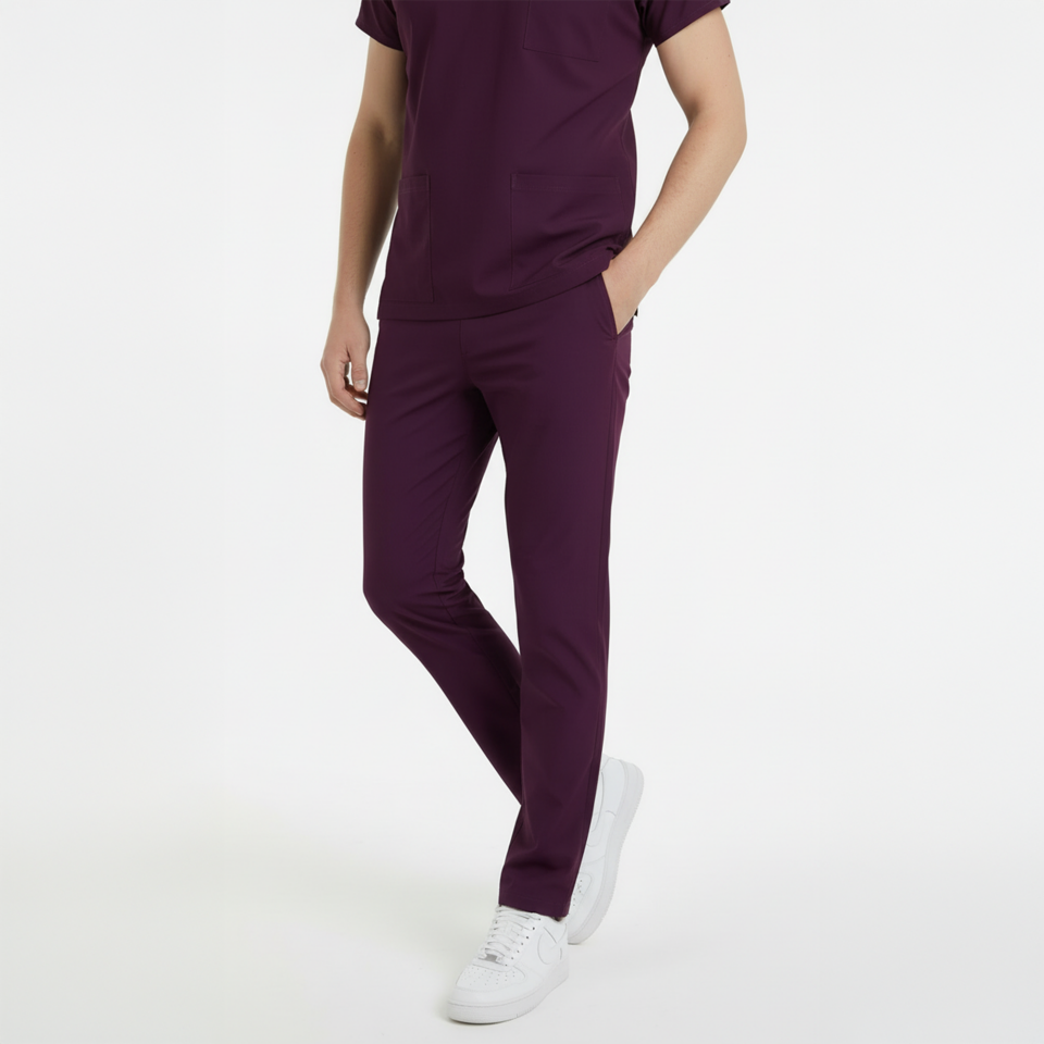 Terycoton Kumaş Klasik Seri Erkek Mürdüm Scrubs