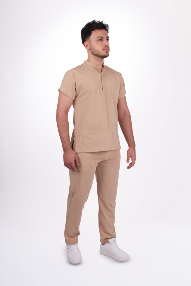 Premium Likralı Snap Seri Erkek Bej Scrubs