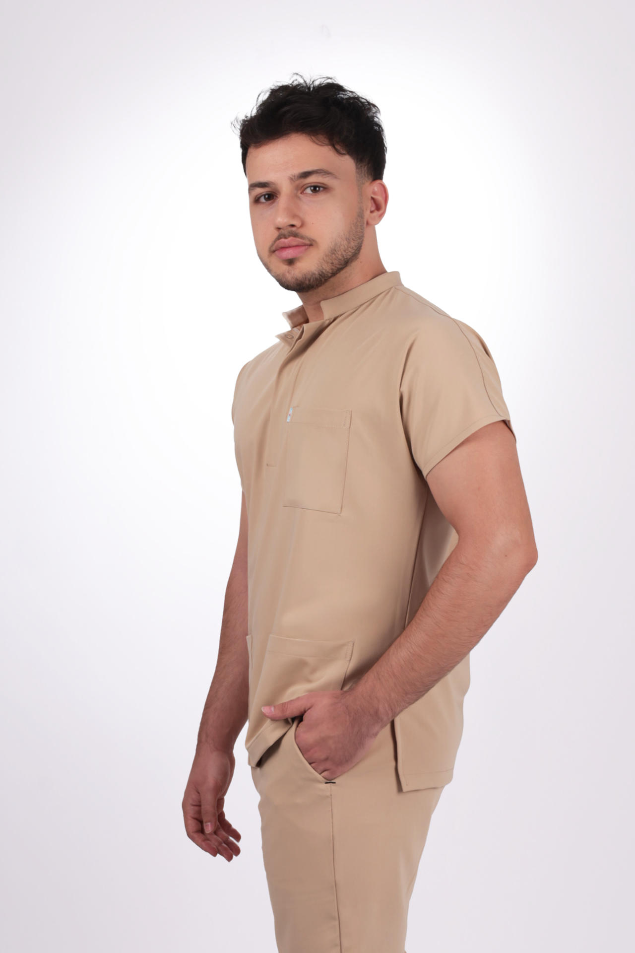 Premium Likralı Snap Seri Erkek Bej Üniforma Takım