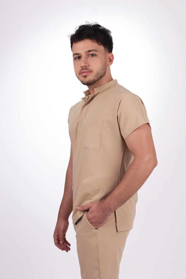 Premium Likralı Snap Seri Erkek Bej Scrubs