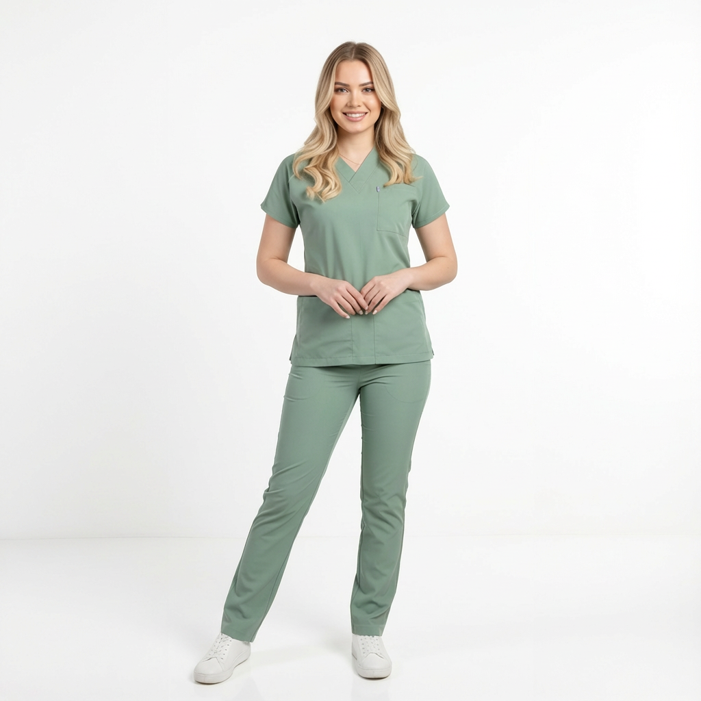 Terycoton Kumaş Klasik Seri Kadın Küf Yeşili Scrubs