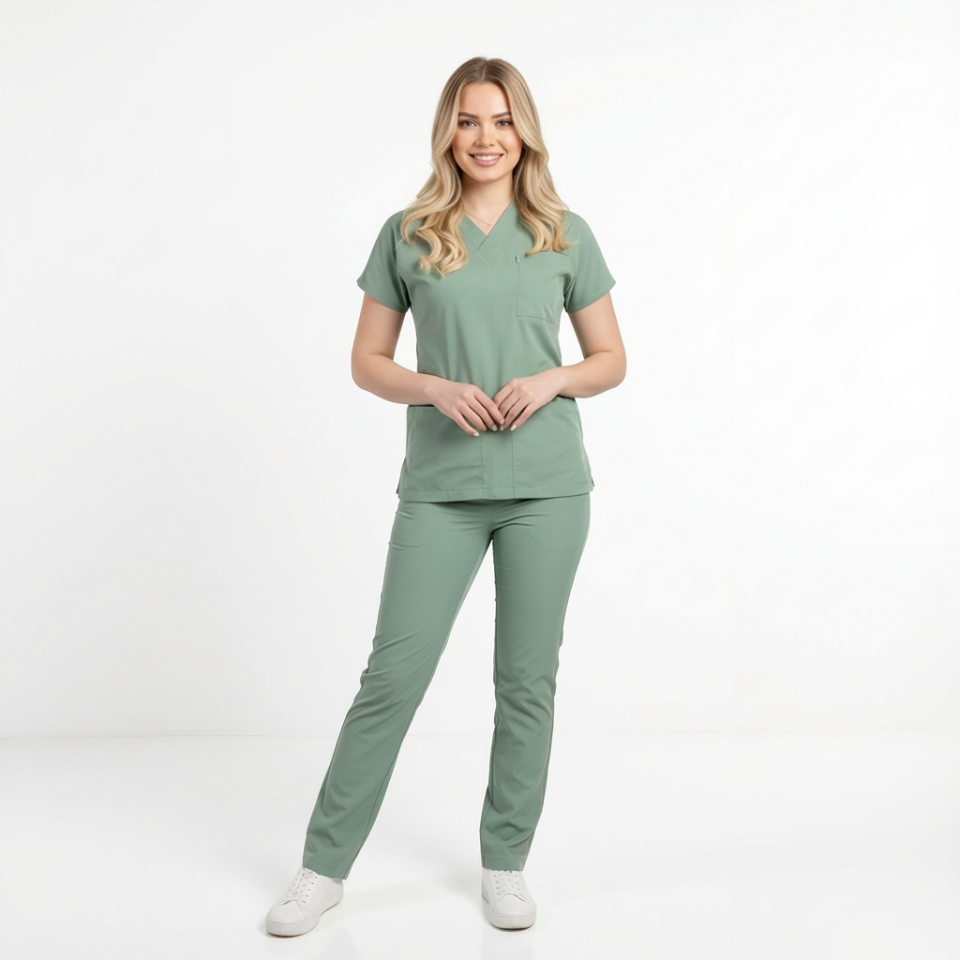Terycoton Kumaş Klasik Seri Kadın Küf Yeşili Scrubs