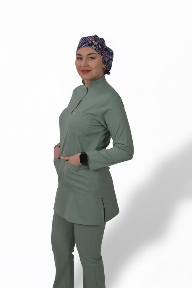 Premium Likralı Tesettür Seri Kadın Küf Yeşili Scrubs