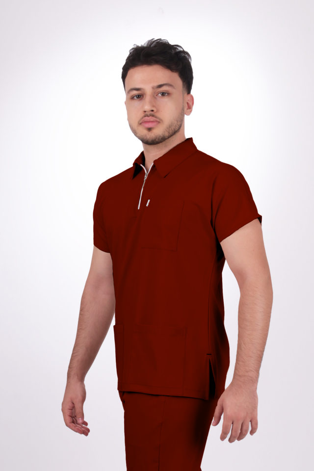 Likralı Zipper Seri Erkek Bordo Scrubs