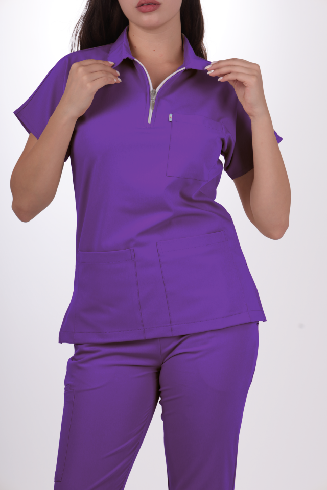Premium Likralı Zipper Seri Kadın Mor Scrubs