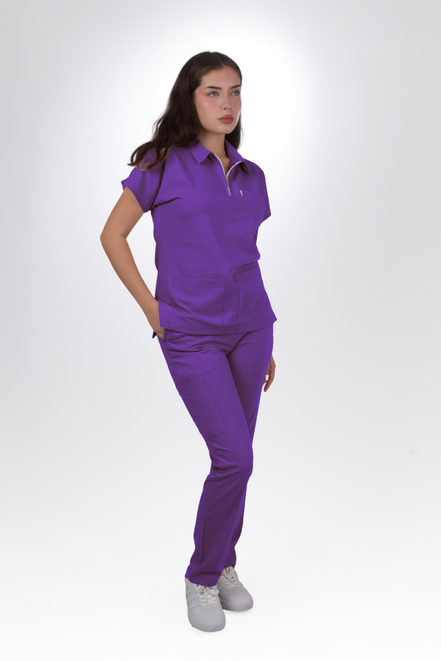 Premium Likralı Zipper Seri Kadın Mor Scrubs