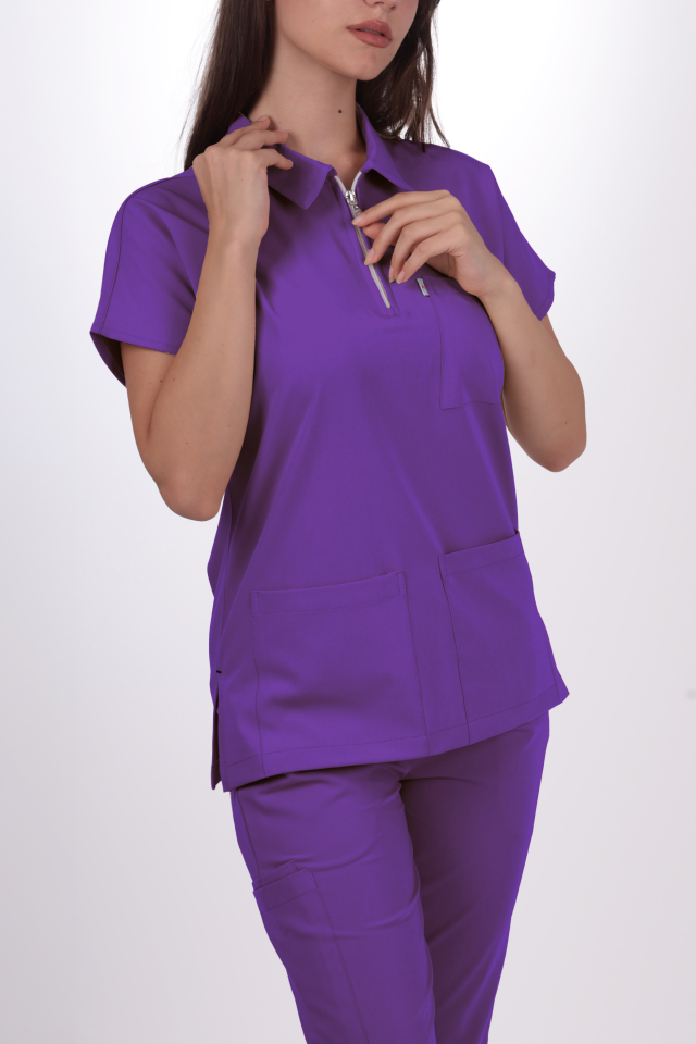 Premium Likralı Zipper Seri Kadın Mor Scrubs