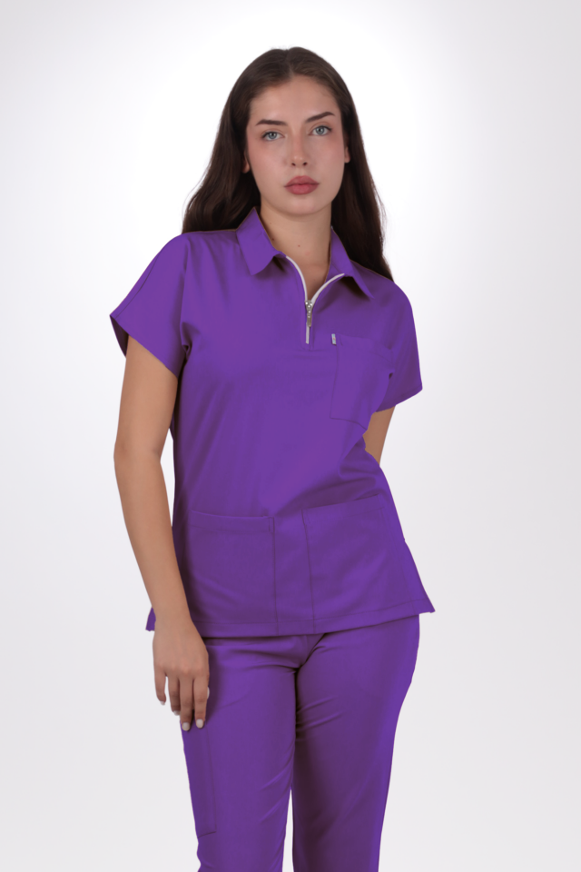 Premium Likralı Zipper Seri Kadın Mor Scrubs