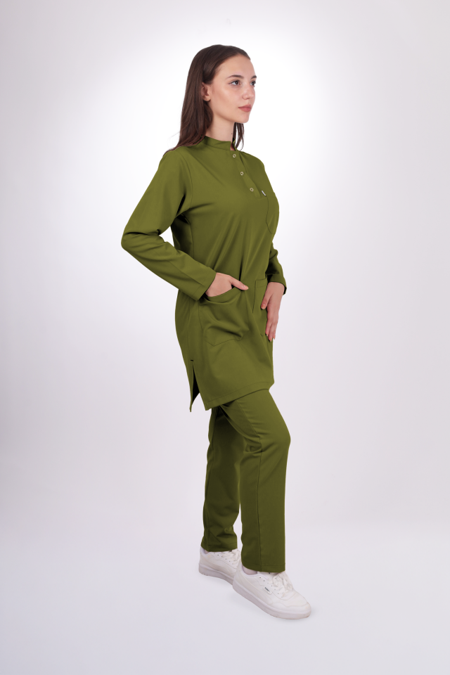 Premium Likralı Tesettür Seri Kadın Yağ Yeşili Scrubs