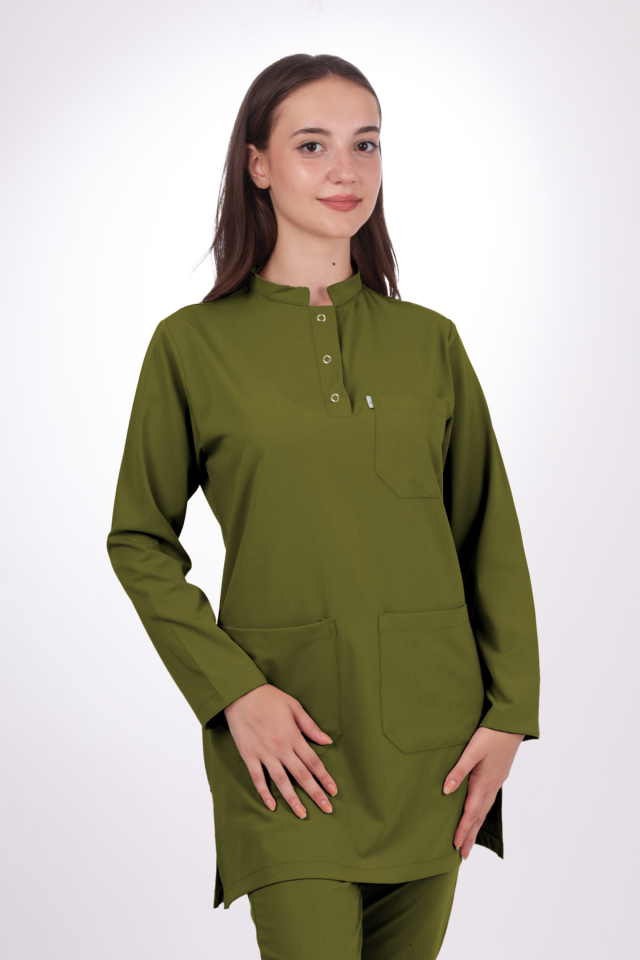 Premium Likralı Tesettür Seri Kadın Yağ Yeşili Scrubs