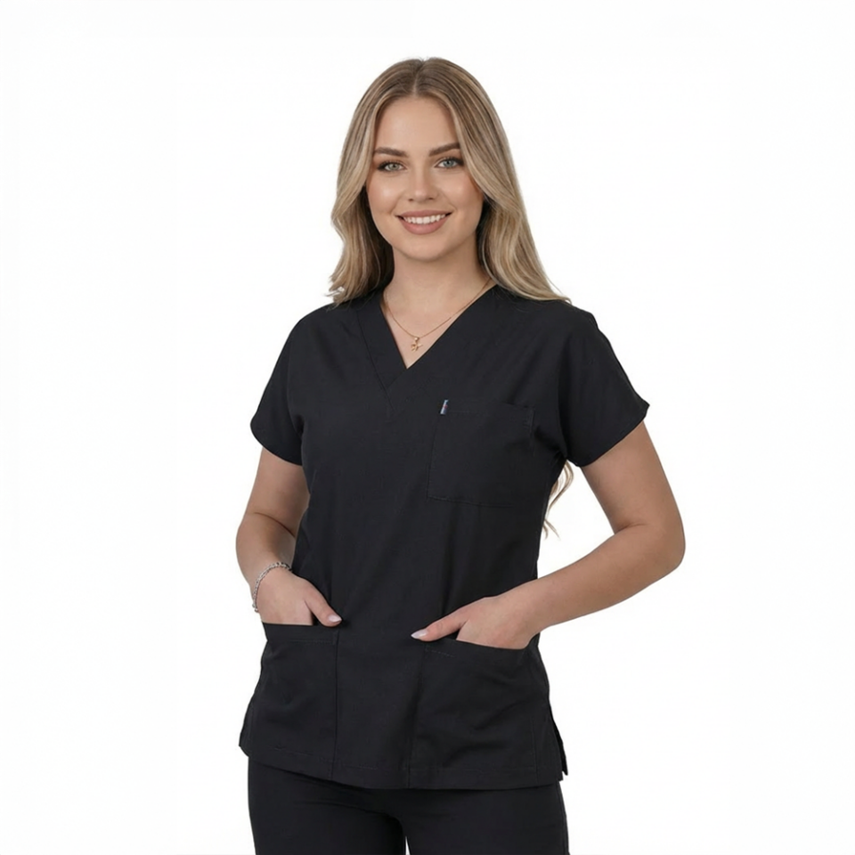 Terycoton Kumaş Klasik Seri Kadın Siyah Scrubs