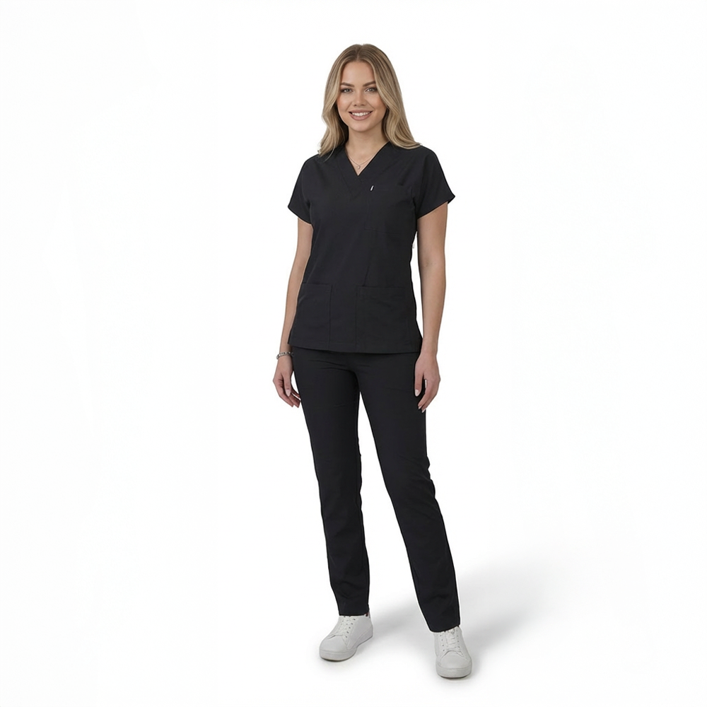 Terycoton Kumaş Klasik Seri Kadın Siyah Scrubs