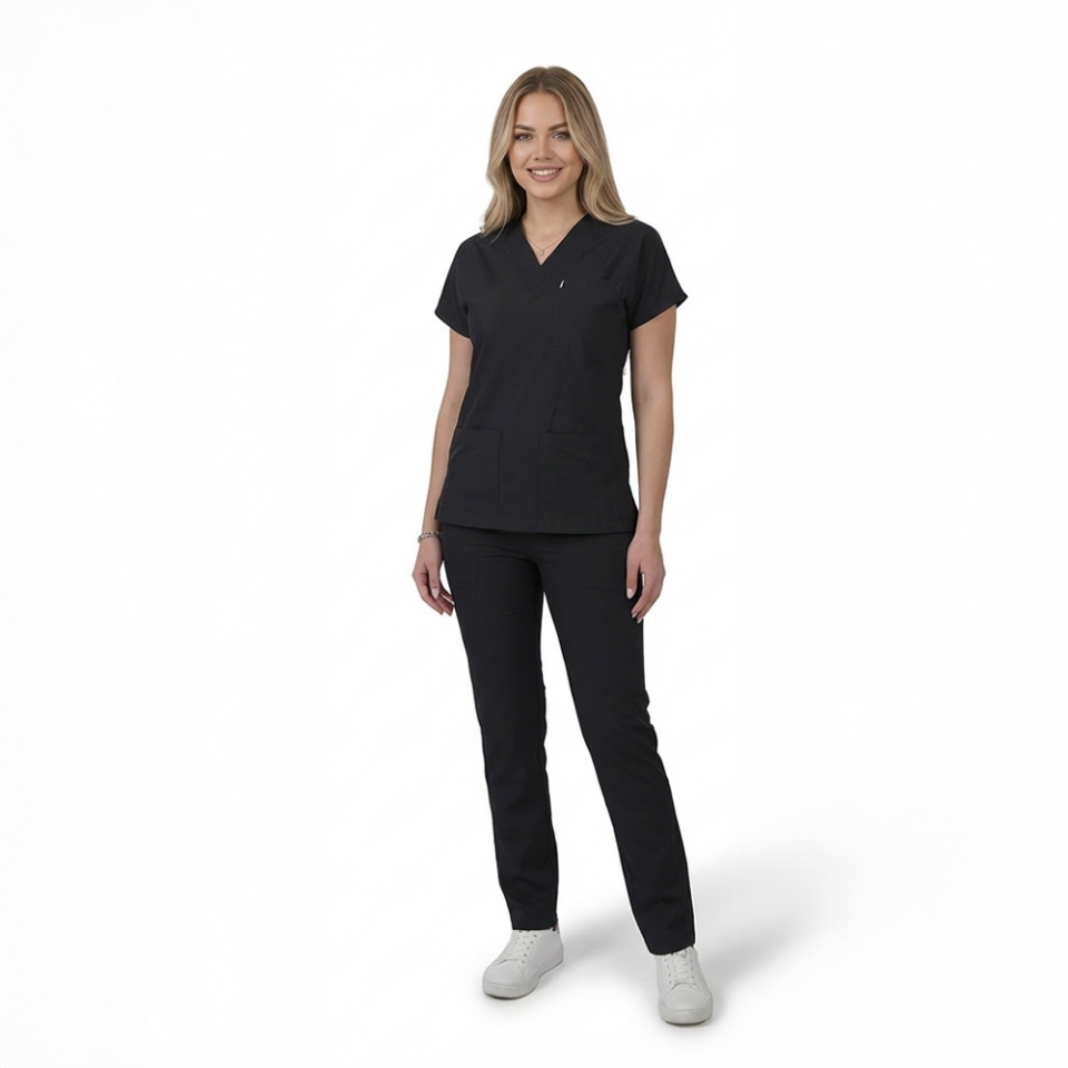 Terycoton Kumaş Klasik Seri Kadın Siyah Scrubs