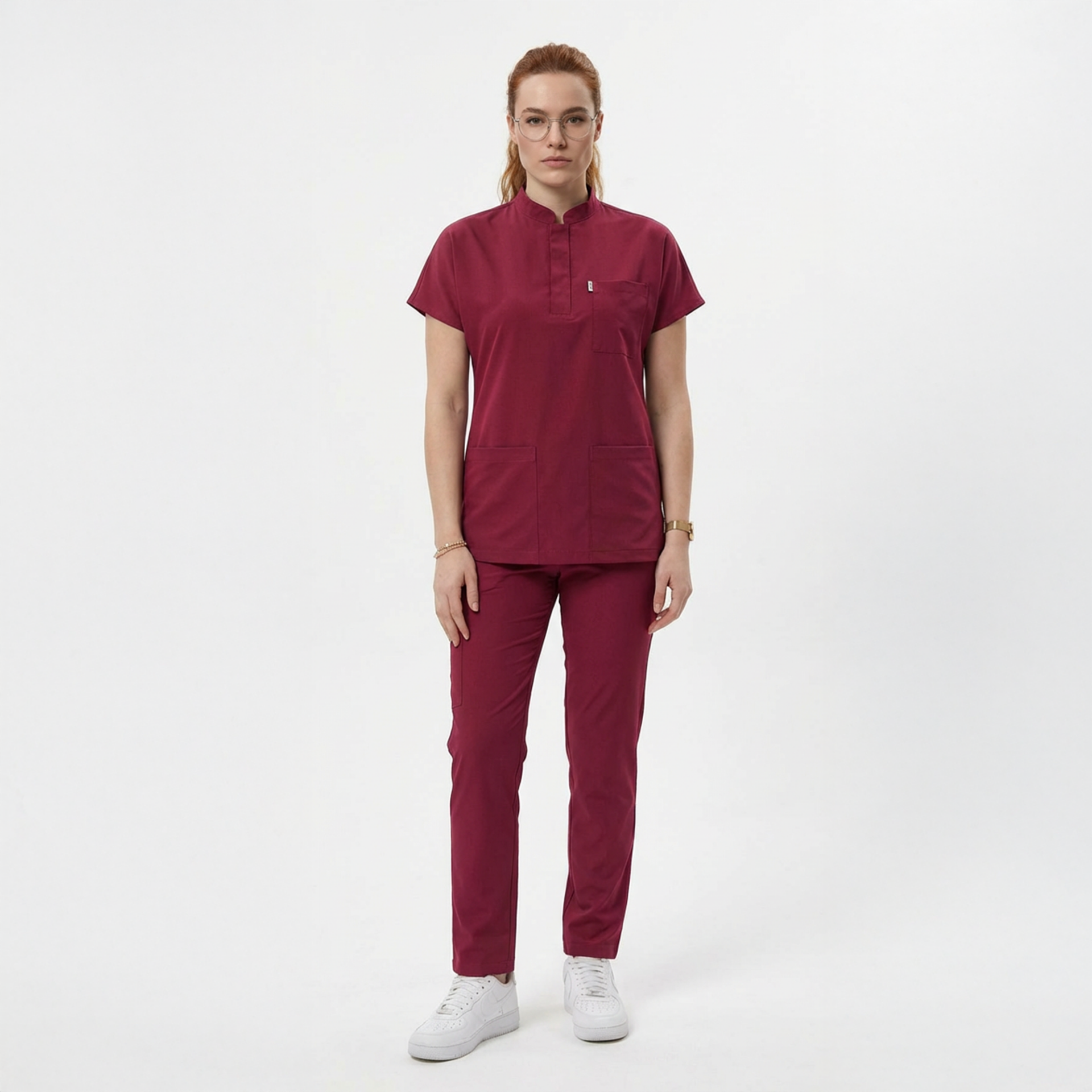 Likralı Snap Seri Kadın Bordo Scrubs