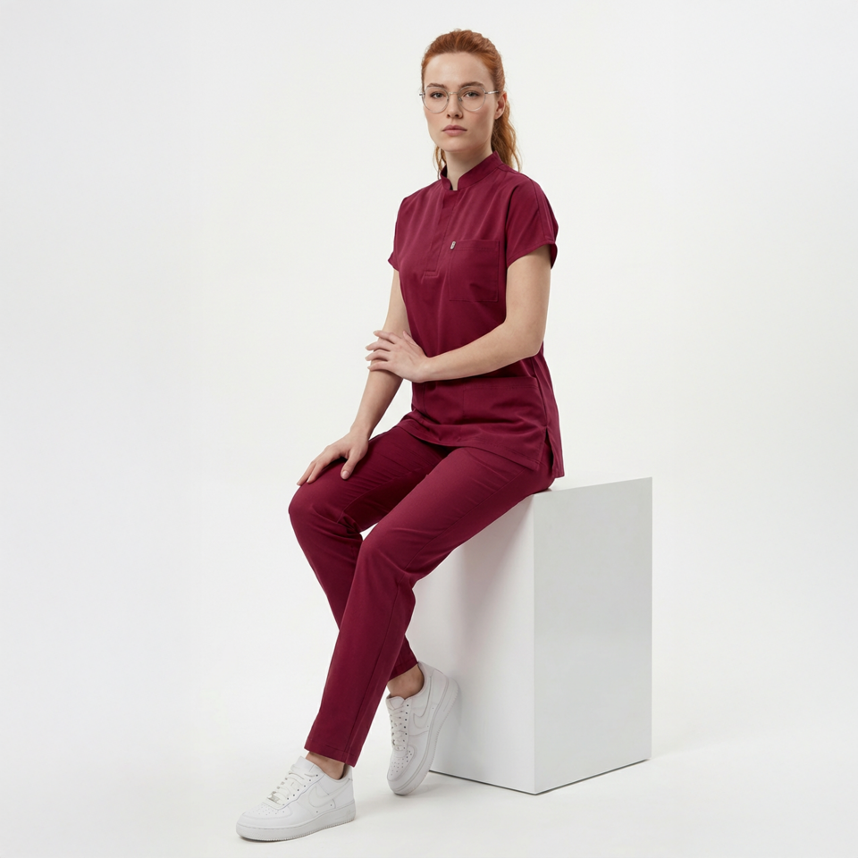 Likralı Snap Seri Kadın Bordo Scrubs