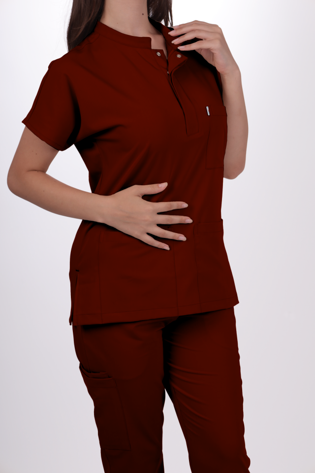 Likralı Snap Seri Kadın Bordo Scrubs