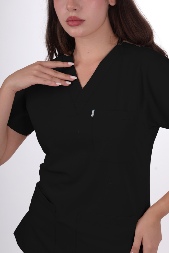 Terycoton Kumaş Klasik Seri Kadın Siyah Scrubs
