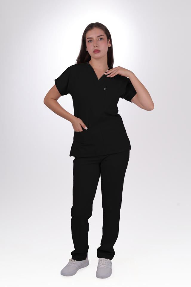 Terycoton Kumaş Klasik Seri Kadın Siyah Scrubs
