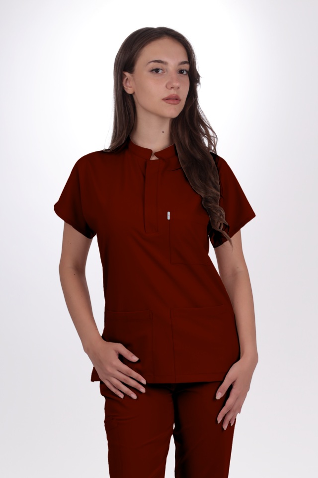 Likralı Snap Seri Kadın Bordo Scrubs