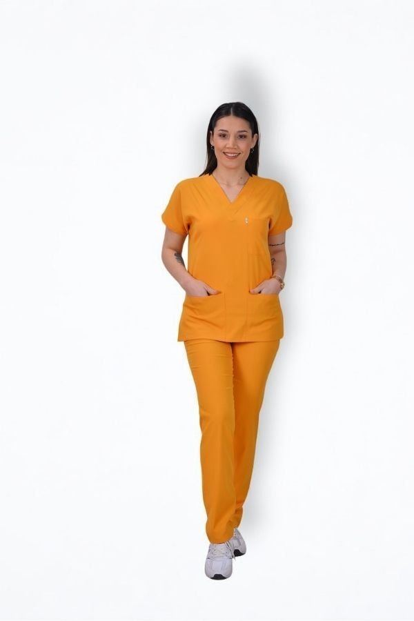 Premium Likralı Klasik Seri Kadın Hardal Sarı Scrubs
