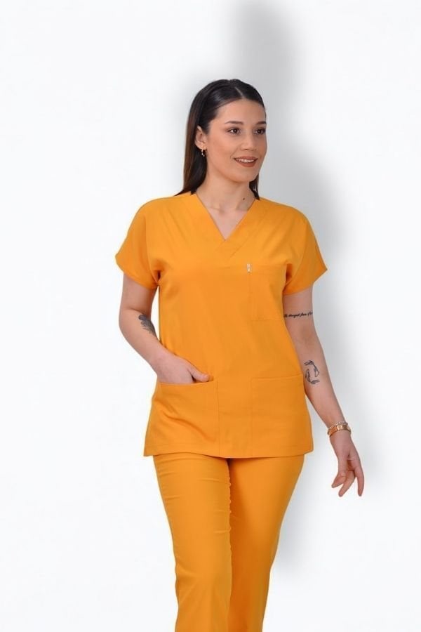 Premium Likralı Klasik Seri Kadın Hardal Sarı Scrubs