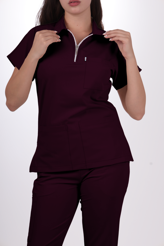 Premium Likralı Zipper Seri Kadın Mürdüm Scrubs