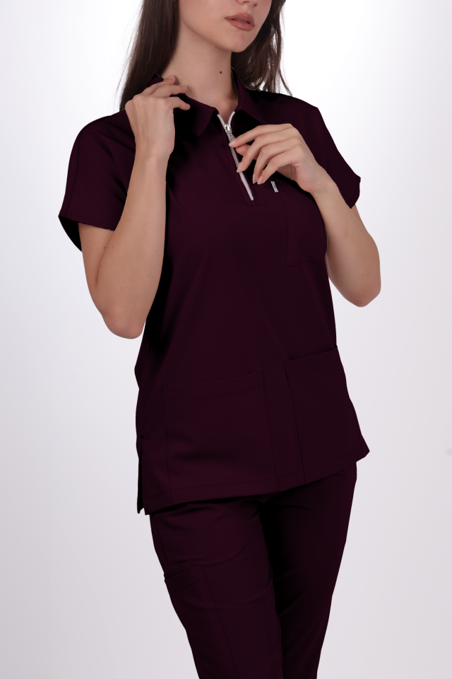 Premium Likralı Zipper Seri Kadın Mürdüm Scrubs