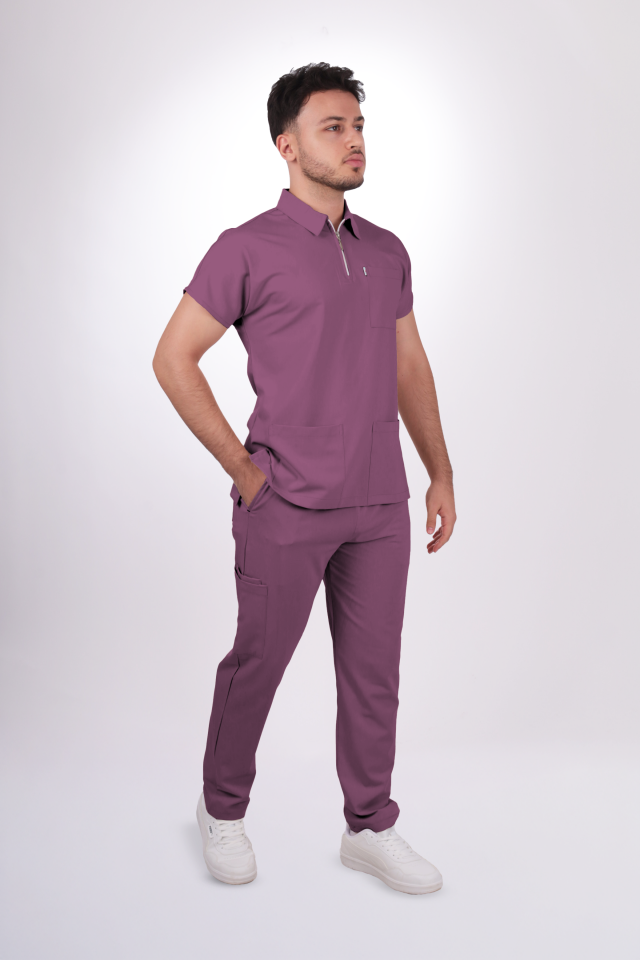 Likralı Zipper Seri Erkek Açık Mürdüm Scrubs