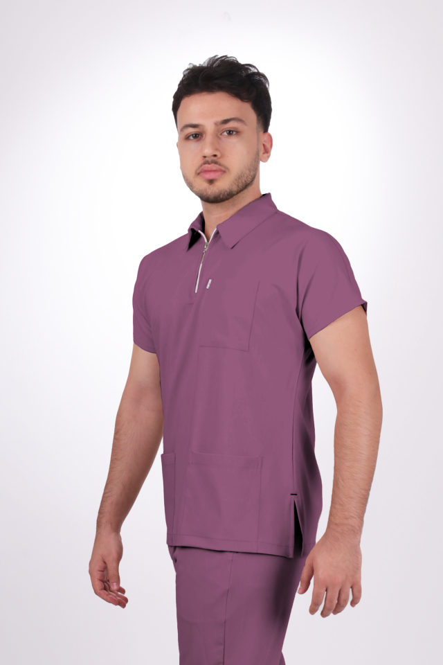 Likralı Zipper Seri Erkek Açık Mürdüm Scrubs