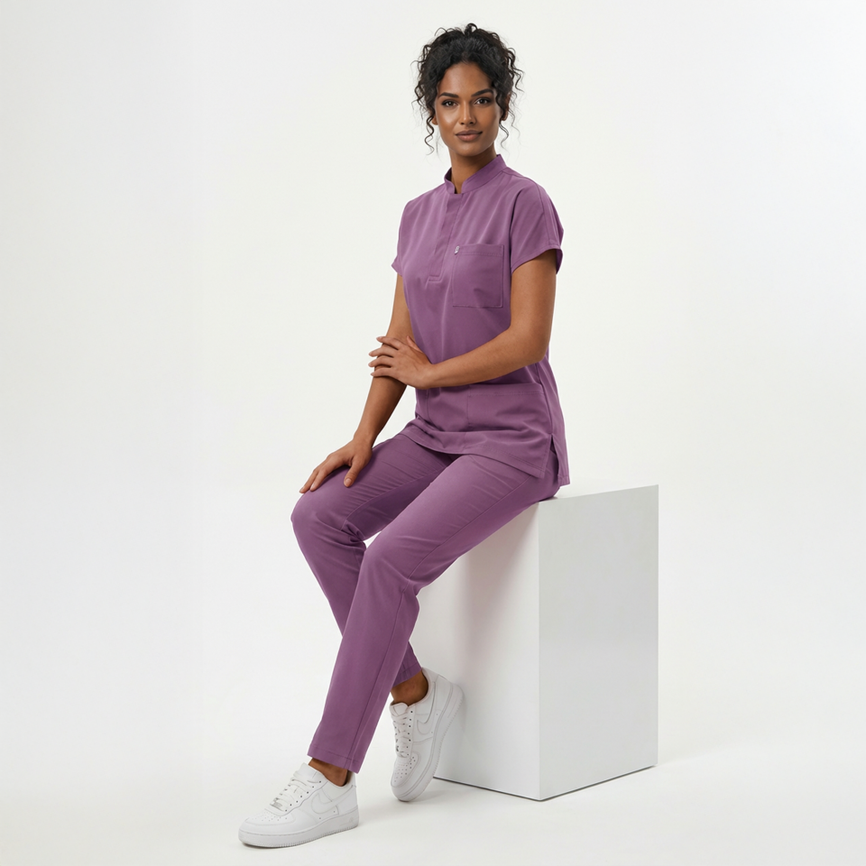 Likralı Snap Seri Kadın Açık Mürdüm Scrubs