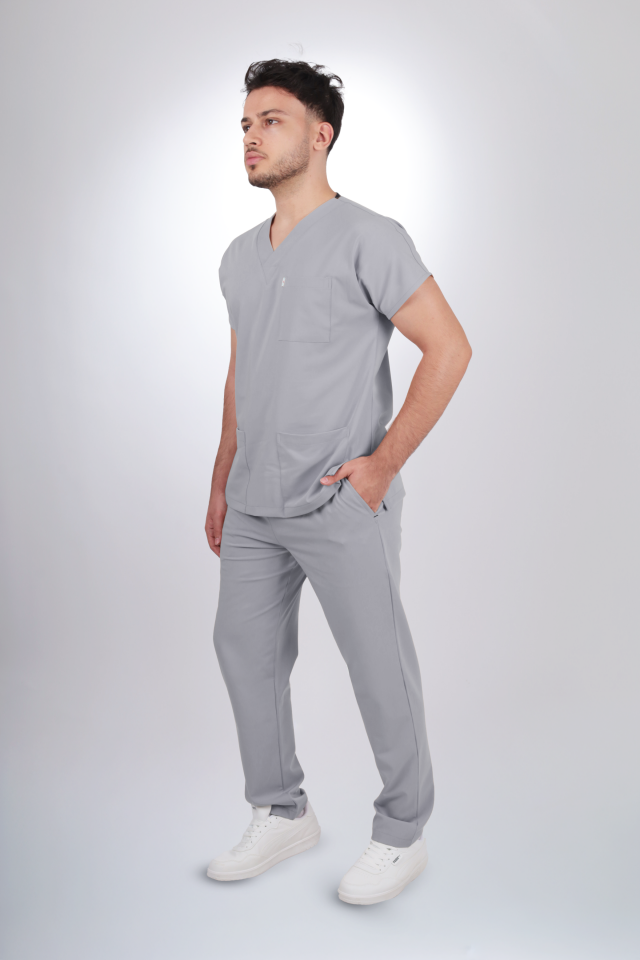 Terycoton Kumaş Klasik Seri Erkek Açık Gri Scrubs